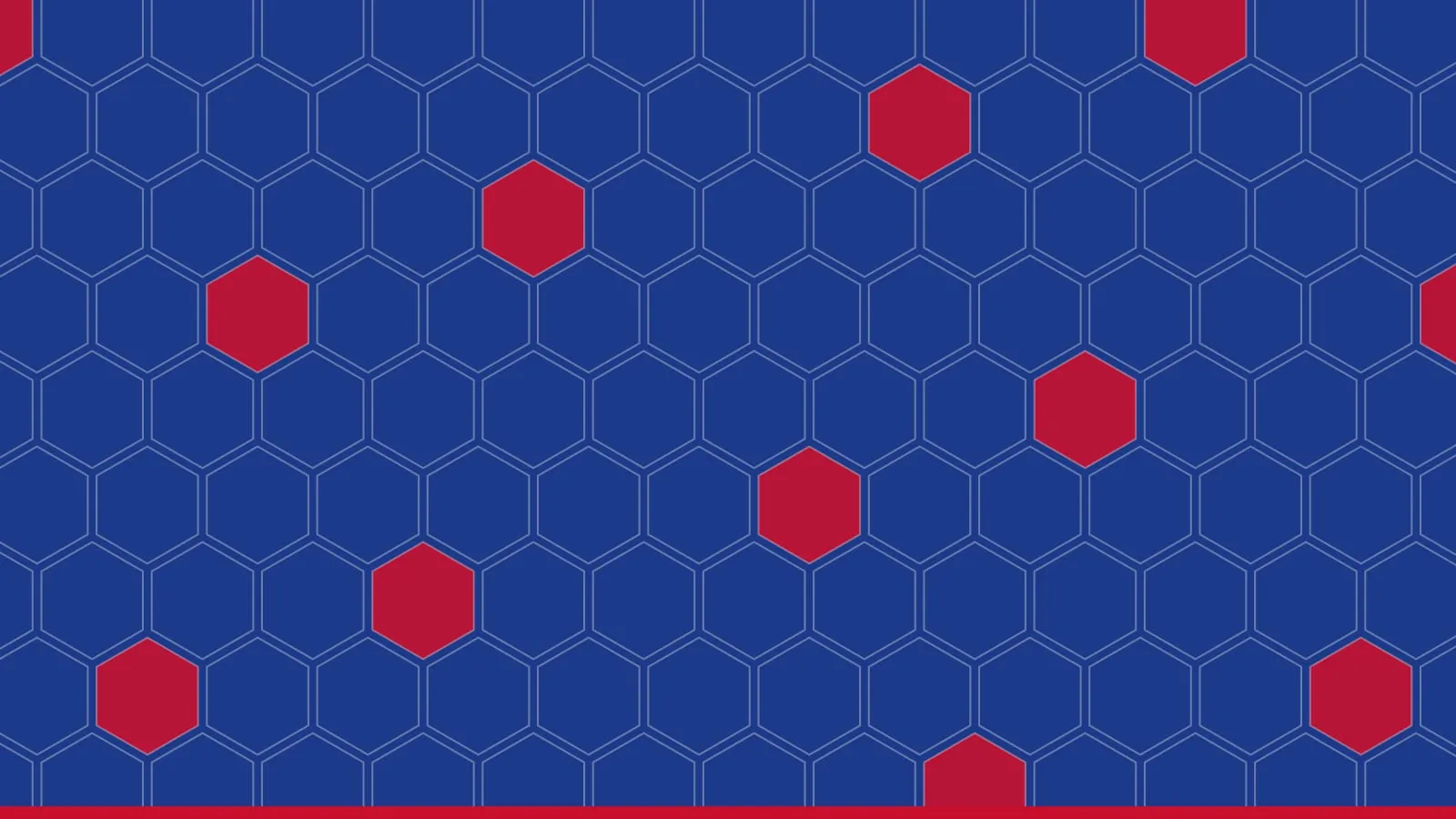 Motif d'hexagones bleus évoquant une structure cristalline, certains cristaux en rouge